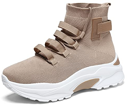 EXSADER Femmes Chaussures Décontractées Baskets Respirant Léger Plateforme Confort Athlétique Marche Gym Respirant Maille À Lacets Chaussette Sneakers,Color Beige,Size 39