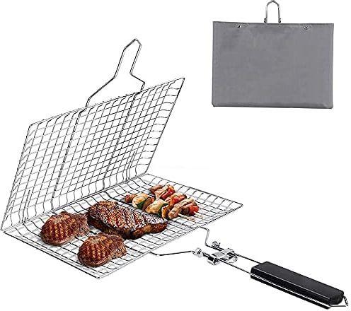 YANJINGHE Grillrost aus Edelstahl, Grillkorb aus Edelstahl, Fischgrillkorb aus Edelstahl, Edelstahl Faltbar Tragbarer Edelstahl Grillkorb mit Abnehmbarem Griff für Fisch, Steak, Garnelen