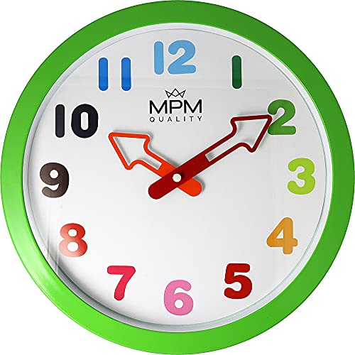 MPM Quality Arrow Kinderwanduhr in fröhlichen Farben mit pfeilförmigen Zeigern, Grün, Kunststoff Kinder Uhr, Mineralglas, mit arabischen Ziffern, Quarz Sweep, ∅ 305 x 40 mm, für Kinderzimmer, Schule