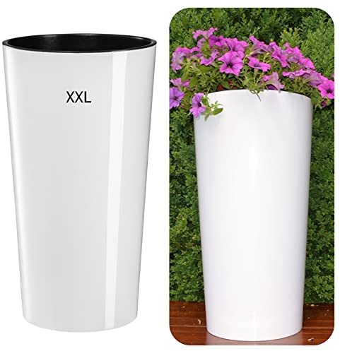 Blumenkübel Rund Hochglanz Slim Blumentopf mit Herausnehmbaren Einsatz Größe XXL/DxH: 40 x 75 cm Weiß
