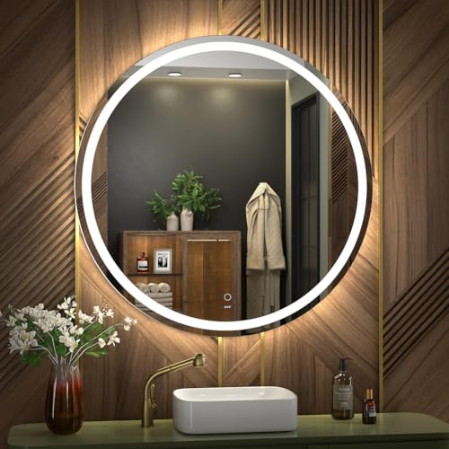 KWW 80 cm LED Runder Badezimmer Eitelkeitsspiegel, Farbtemperatur Einstellbar, Anti-Nebel Dimmbare Lichter, Wand Befestigter Make-up-Spiegel mit Smart Touch-Taste