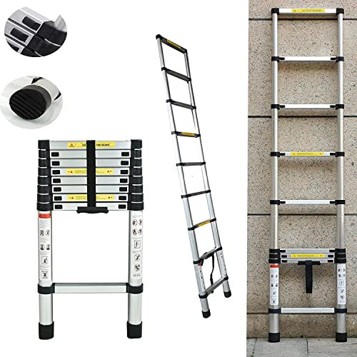 3,8M Tragbare Aluminium Teleskopleiter mit 13 Stufen, Teleskop Leiter, Platzsparende, Maximale 150Kg für Fensterreinigung Gebäude Wartungsaufgaben, EN131