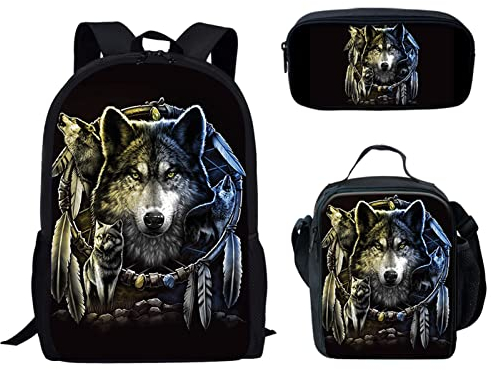 Dolyues Boy Fire Basketball Fußball Rucksack Set, Dinosaurier Hunde Wolf Mädchen 3-teiliges Schulset Isolierte Lunchtasche Federmäppchen, Traumfänger Wolf