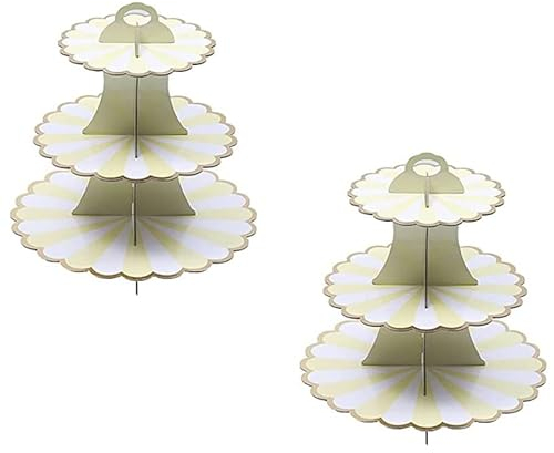 CHUANGOU 2 PCS Alzata per Torta e Cupcake, 3 Livelli in Cartone, per Matrimonio, Compleanno, Baby Shower, Dessert (Giallo Bianco)