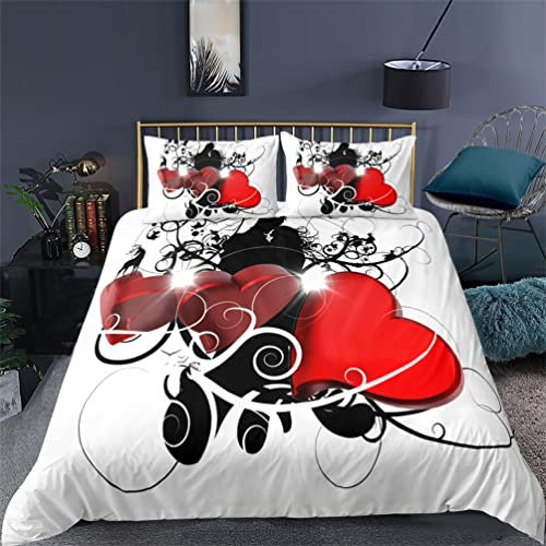Tomifine Housse de Couette 140x200 cm Coeur Rose Rouge Parure de Lit Motif 3D Sets De Housse Couette avec Fermeture Éclair et 2 Taies d'oreiller 65x65cm (140x200 cm,Rouge c)