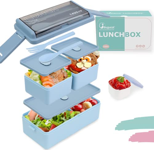 Bugucat Bento Lunch Box 1400ML, Stackable 2 Layer 3 Compartments Leak Proof Container for Adults Kids, Meal Prep With Cutlery, Blue