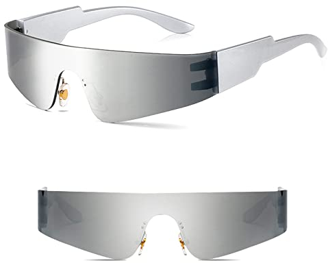 Futuristische Sonnenbrille,Rave Brille,Schnelle Brille,Techno Brille,Space Brille Alien Brille Set,Futuristische Verspiegelte Sonnenbrille,Funbrille,Partybrille,Cosplay Kostüm Zubehör,Silber