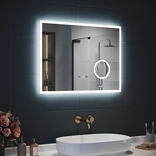 SIRHONA Miroir de Salle de Bain avec Éclairage, Affichage Numérique Écran LED, Miroir avec Une Loupe 3X, Anti-buée, 3 Températures de Couleur, Dimmable, Fonction Mémoire, 80x60cm