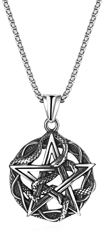 JewelryWe Schmuck Halskette Herren Pentagramm Wicca Schlange Stern Satanic Amulett Glücksbringer Anhänger Edelstahl Traditionelles Siegel von Solomon Kette für Männer Jungen Silber