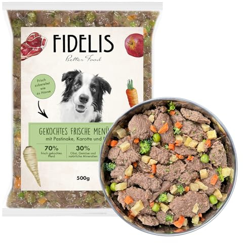 Fidelis - Gekochtes Frische-Menü Pferd für Hunde 10 x 500g - Hunde Futter mit 70% Fleischanteil und frischen Zutaten - Proteinhaltiges Hundefutter nass Nicht extrudiert - Zucker- & Getreidefrei