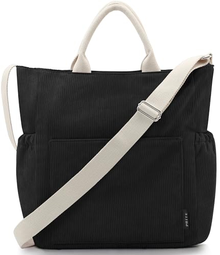 Prite Corduroy Tote Bag for Women with Zipper Large Capacity Shoulder Bags with Adjustable Strap and Pockets Waterproof Handbag for Work School Shopping Travel College (Black)