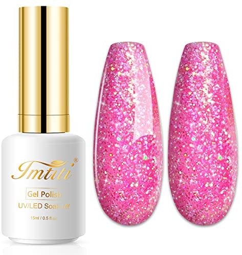 Imtiti Smalto Semipermanente Glitter, 15ml Smalto Semipermanente Unghie Rosa Caldo Glitter UV Led Soak Off Smalto Gel Unghie UV Naturale Gel Nail Polish Per Uso Professionale e Domestico