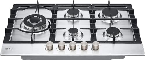 LG CBGZ3016S Piano Cottura 5 Fuochi a Gas, 75cm, Potenza 11,5kW, Metano e GPL, Valvole di sicurezza, Bruciatore Tripla Corona, Griglie in ghisa antiribaltamento, Piatto Acciaio Inox