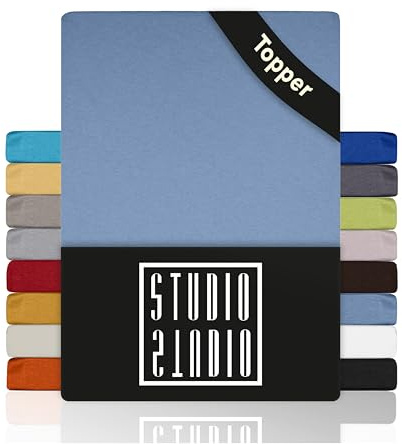 STUDIO Basic Topper Spannbettlaken 140x200cm – Jersey-Spannbetttuch aus 100 % gekämmter Baumwolle – Mittelblau – bügelfrei, elastisch & Oeko-TEX Zertifiziert – für Topper 4–14 cm