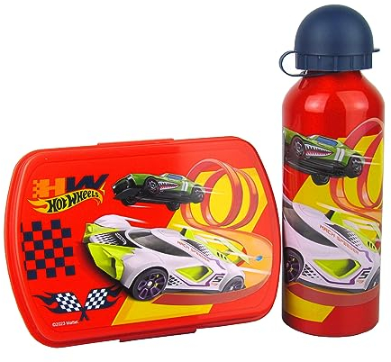 Lentz Juego de desayuno infantil, varios diseños, fiambrera de plástico, 20 x 8 x 5,5 cm, incluye botella de metal de 500 ml (Hot Wheels)