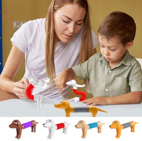 4 Stück Einziehbares Spielzeug in Hundeform, Frühlingshund, Hund Pop Röhren Sensorik Spielzeug, Bunt Stretchrohr-Sensorik Spielzeug, Pop Tubes Spring Dog Stressabbau Spielzeug