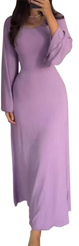 shownicer Donna Elegante Maxi Vestito con Maglia Autunno a Scollo Rotondo Tinta Unita a Manica Lunga Abito Lungo Invernale Maglione Vestito Streetwear A Viola L