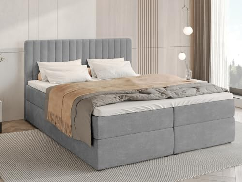 BROMARKT Boxspringbett mit Bettkasten Polsterbett mit Bonell-Matratze und Topper Doppelbett mit Stauraum Bett für Schlafzimmer gepolstertes Kopfteil Dream 180x200 Härtegrad H3 Flachgewebe Hellgrau