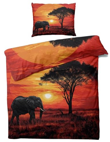 MOBEITI Afrika Bettwäsche 155x200, Sonnenuntergang Elefant Wendebettwäsche, Weiche Kuschelige Mikrofaser Bettbezug Set 2teilig, 1 Kissenbezug 80x80, mit Reißverschluss -MO&147