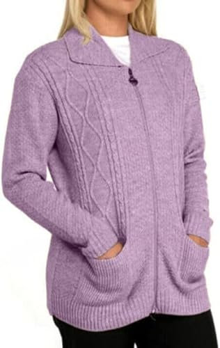 Womens Zipped Cable Knit Long Sleeve Collar Cardigan, Ladies Classic Chunky Winter Knitwear Zip Through Fasten with Pockets Pullover Jumper Top Zipper UK Plus Size 8-22, Lialic -12-14