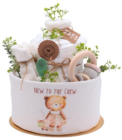 TrendMama Windeltorte Vintage Bär | Diaper Cake | 27 Stück Windeln Größe 2 (4-8 Kg) | Babymode & Musselintuch | Babygeschenk Geburt (Mädchen)