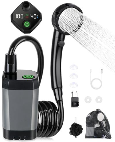 Spopal Camping Douche Portable, [Imperméable] Kit Douche de Camping,Pompe de Douche Électrique Rechargeable,6000mAh, avec Afficheur Intelligent et Pomme de Douche 4 Modes pour Extérieure,Camping