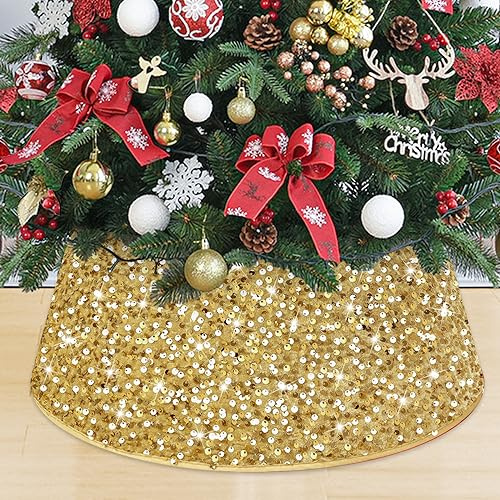 MODFUNS Collar de árbol de Navidad de 28.3 pulgadas, oro brillante, anillo grande de fieltro para árbol de Navidad, cubierta de collar de árbol de Navidad, collar de árbol de Navidad, collar de árbol