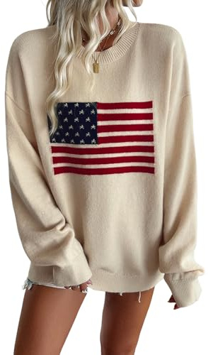 Canli4Y Damen Pullover USA Flagge Strickpullover Langarm Casual Loose Sweatshirt Elegant Jumpers Winter Pulli Warm Outwear Oberteile Aprikose S