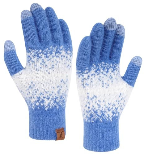 Bequemer Laden Thermo Touchscreen Handschuhe Damen Winter Warm Strickhandschuhe Winterhandschuhe mit Elastisch Manschette Elegant Frauen Geschenk, Denim Blau Weiß