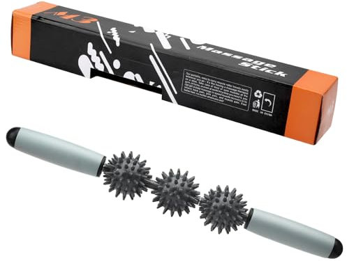 HENGBIRD Igelball Massageroller mit Griff, 40cm Faszienstab mit 3 Igelbälle Massage Roller Rolle Faszienrolle mit Noppen, Massagerolle Massagestab Muskelroller für Rücken Beine Nacken Schulter