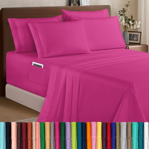 Elegant Comfort 1500 Premium Quality 6-Piece Bed Sheet Set - 18-24 Inch Extra Deep Pocket, Smart Storage Pockets, Wrinkle Free Ultra Soft 6PC Extra Deep Pocket Sheets, Queen, Pink