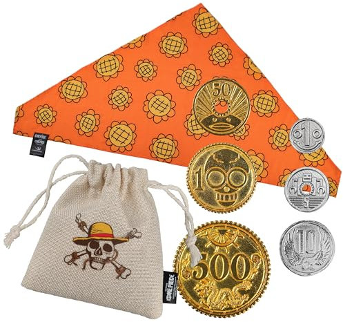 Cinereplicas One Piece - Nami Bandana and Berry Coins Set - 83 * 39 cm - Offizielle Lizenz, Orange/Abendrot im Zickzackmuster (Sunset Chevron), Bandana: 83 x 39cm Coins: 45mm, 35mm, 30mm, 30mm, 25mm,