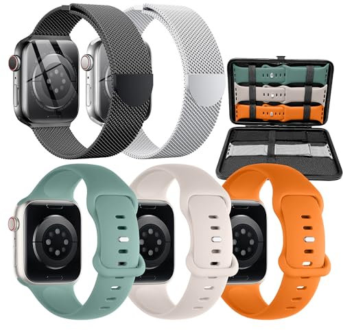 5 Pack Band with Storage Case Compatible with Apple Watch Bands 40mm 41mm 38mm 42mm for Women Men,Magnetic and Soft Silicone iWatch band for iWatch Ultra Series10 9 8 7 6 5 4 3 2 SE