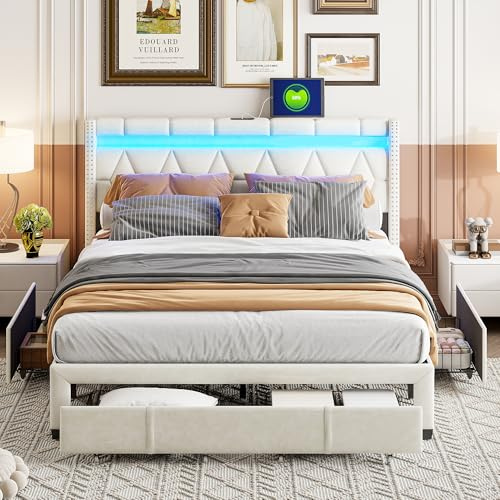 Polsterbett Doppelbett 160x200,LED Stauraumbett mit 4 Schubladen,Funktionsbett Holz mit Kopfteil,LED Doppelbett Jugendbett mit Aufbewahrung,Betten für Erwachsene,Gästebett Stauraumbett Bettgestell