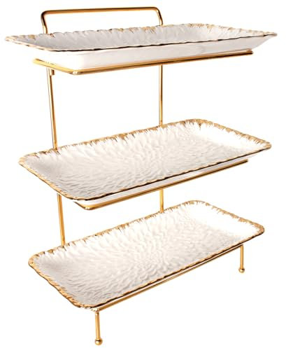 jinsongdafa 3-stöckiges Serviertablett-Set, mit 3 Stück 35.5 cm Relief Porzellan-Serviertabletts mit Goldrand Stabiler Goldständer, Servieren für Partys, Speisenpräsentation, Obstdessert