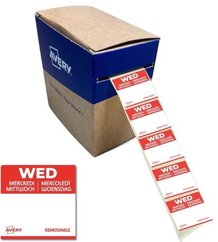 AVERY Zweckform ablösbare Lebensmittel-Tagesetiketten Mittwoch (rot 25 x 25 mm 1000 Aufkleber auf Rolle 5-sprachig HACCP-konform) DLSWEDREV-1000