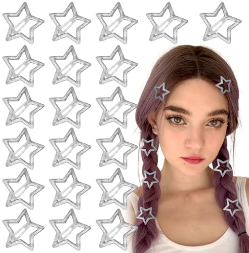 Joez Wonderful 20 Pcs Star Hair Clips, 1.18/3cm Metal Snap Hair Clips, Cute Star Clips Hair Barrettes, Non-Slip Fashion Hair Accessories for Women (Silver Shiny)