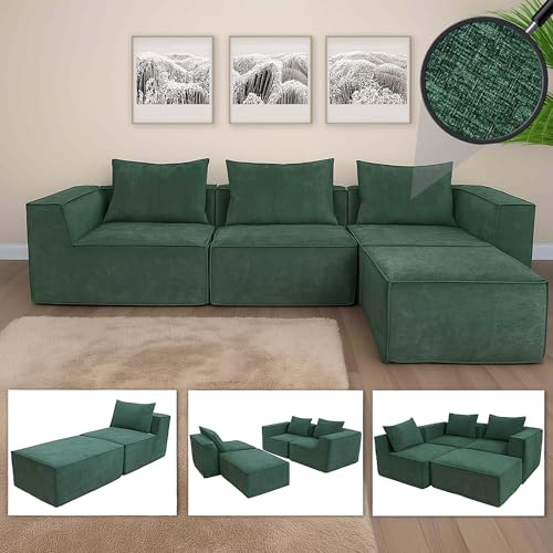 Mendler L-Sofa HWC-O54 mit Ottomane, Stoff/Textil 63x270x190cm - grün