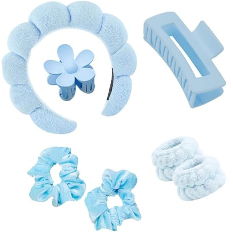 Aayans Spa Headband for Women, Black Sponge Hair Band, Face Wash Head Band, 6 Pack (Blue, One Size)