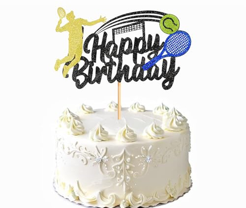 Tennis Happy Birthday Cake Topper Racket Ball Glitter Sports Cake Topper Decoration for Tennis Player Birthday Party Sport Theme Party Supplies