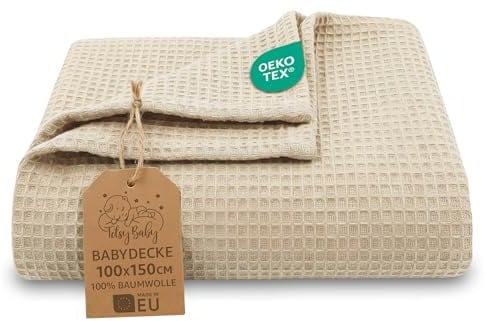 Waffeldecke Baby Ganzjahresdecke Babydecke 100x150 cm - Kinder Baumwoll Waffelpiqué atmungsaktiv leichte Übergangsdecke Decke – Kinderwagendecke Tagesdecke Neugeborene Oeko-Tex Beige