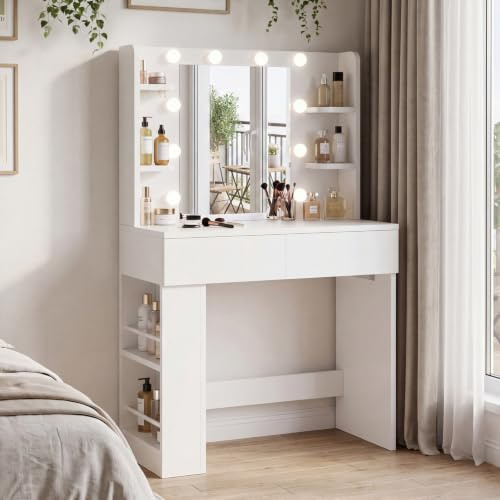 JUMMICO Schminktisch Frisiertisch mit Beleuchtung und Spiegel 55x45cm, Moderner Makeup Table mit Steckdose & USB-Ports, 3 Farbmodi, 2 Schubladen & Verstellbarem Seitenkasten, für Schlafzimmer, Weiß