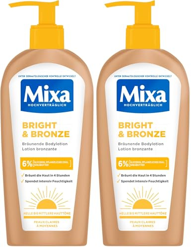 Mixa Bright & Bronze Selbstbräunende Bodylotion mit 6% Glycerin & Sheabutter, Natürlicher Selbstbräuner für Gesicht und Körper, Feuchtigkeitsspendende Körperlotion für empfindliche Haut, 250 ml