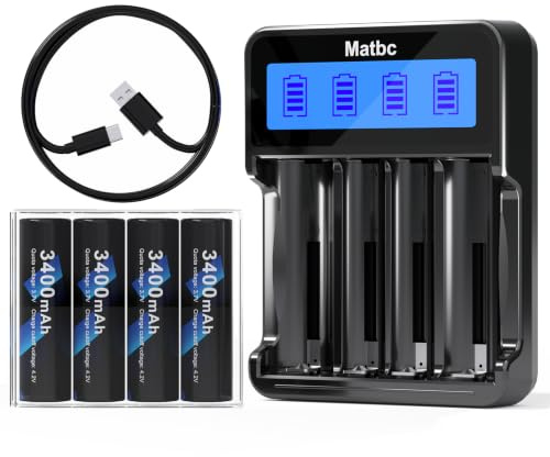 4 Bay 18650 Battery Charger with 4 Pack 3,7 2200mAh Rechargeab Battery Flat Top for Flashlights, Headlamps,Doorbells,RC Cars,Outdoor Garden Lights,etc