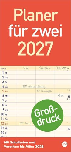 Großdruck Planer für zwei 2027: Praktischer Wandplaner für 2 mit extra großer Schrift und 3 Spalten. Wandkalender mit Schulferien und 3-Monats-Ausblick. Terminkalender 2027