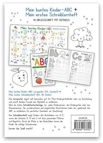 Mein buntes Kinder-ABC DIN A4 laminiert + Mein erstes Schreiblernheft - Set in Druckschrift: Lernposter DIN A4 laminiert, abwaschbar + Schreiblernheft auf 120g/m² Zeichenkarton