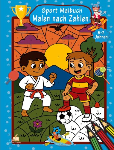 Malen nach Zahlen Sport Malbuch für Jungen ab 5–7 Jahren mit 50 Ausmalbildern: Mit praktischer Farbschablone zum einfachen Lernen von Farben und Zahlen von 1 – 12 für Vorschulkinder und Erstklässler.