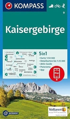 KOMPASS Wanderkarte Kaisergebirge: 5in1 Wanderkarte 1:50000 mit Panorama, Aktiv Guide und Detailkarten inklusive Karte zur offline Verwendung in der ... Skitouren. (KOMPASS-Wanderkarten, Band 9)