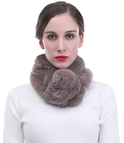Lina & Lily Damen Schal Winterschal Pelzkragen mit Bommel aus Kunstpelz (Taupe)
