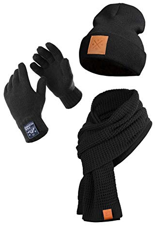 Winter Kombi Set - Schal, Mütze & Handschuhe, 3teiliges Kombiset aus Strickschal, Beanie und Winterhandschuhe, 3 in 1 (Manufaktur13/M13) (Black/Schwarz, L/XL)